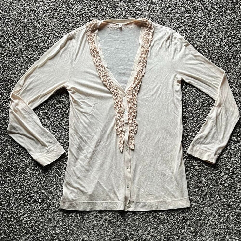 JCrew Cream Ruffled Button Up Cardigan Womens Medium Babydoll Coquette Feminine